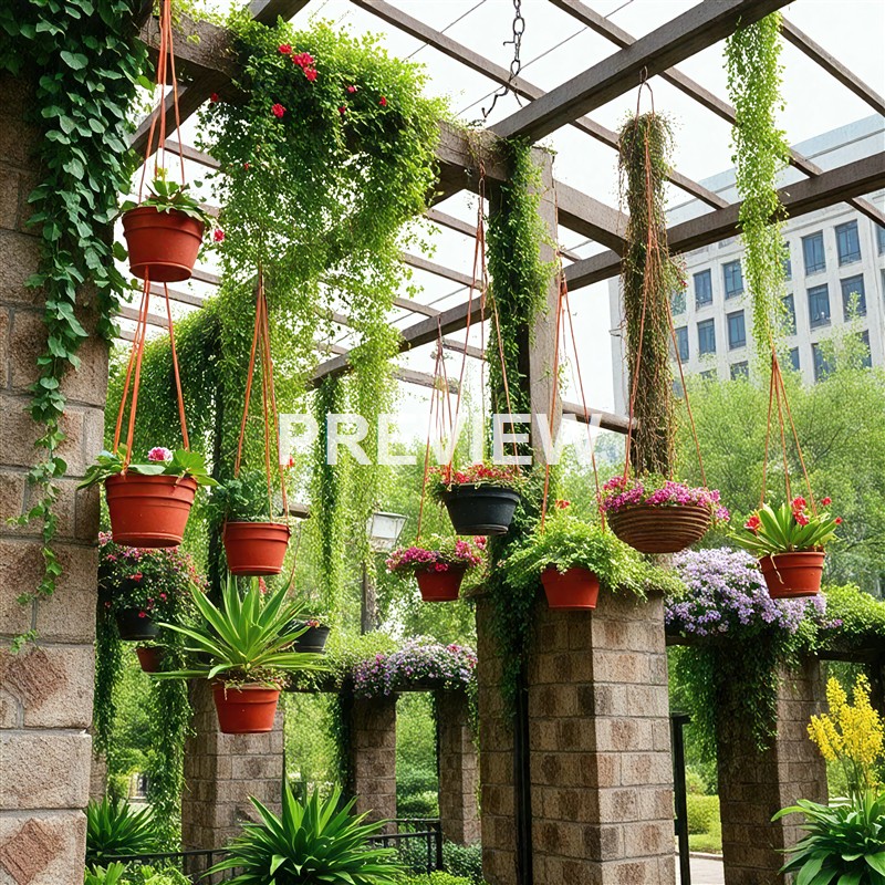 The image shows a pergola with hanging flower pots and lush green plants, with some flowering and vines cascading down, set against a background of trees and a tall building.